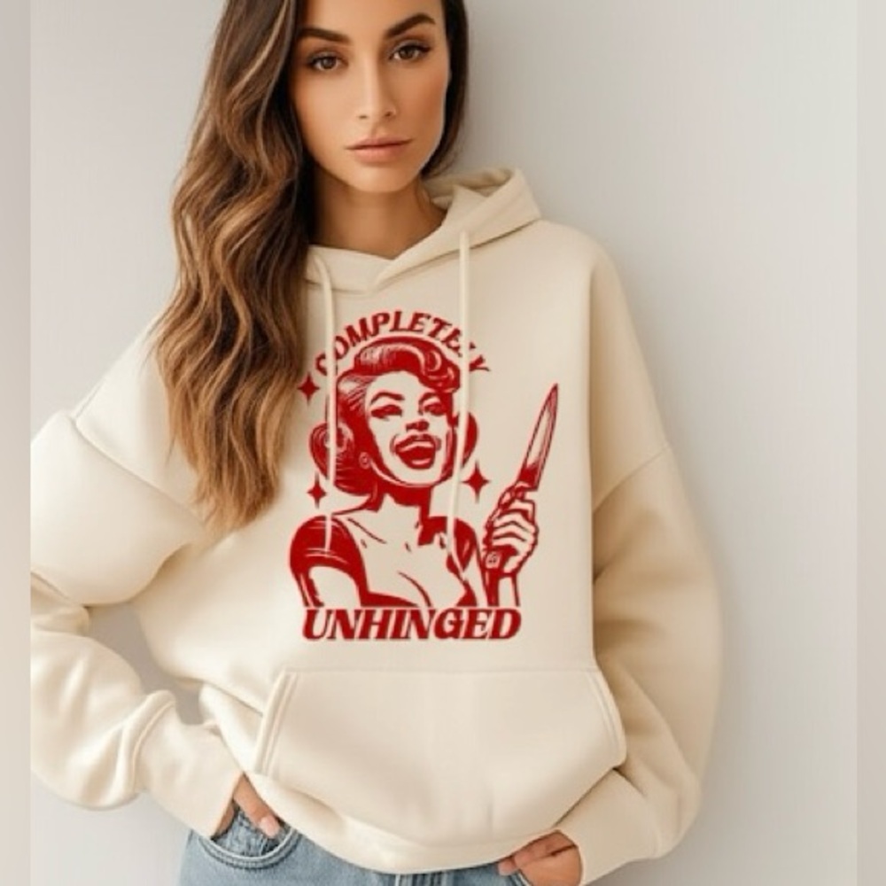 "Completely Unhinged" Oversized Hoodie - Retro Femme Fatale with Knife Pullover